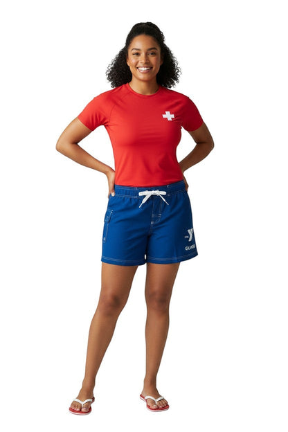 The Lifeguard Store blue polyester YMCA Guard shorts with 5" inseam, drawstring waist, and side pocket.