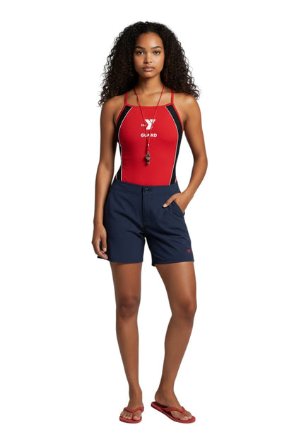The Lifeguard Store YMCA Kiefer Guard H-Back Splice swimsuit. Red, black, and white poly-stretch fabric with UPF50+ protection.