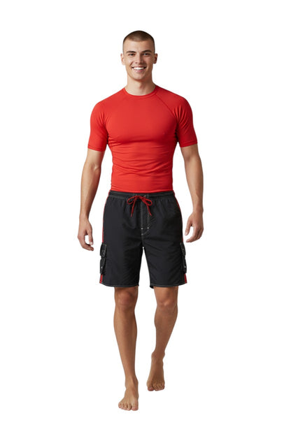 The Lifeguard Store YMCA Instructor black board shorts with red side stripes, drawstring, and cargo pocket.