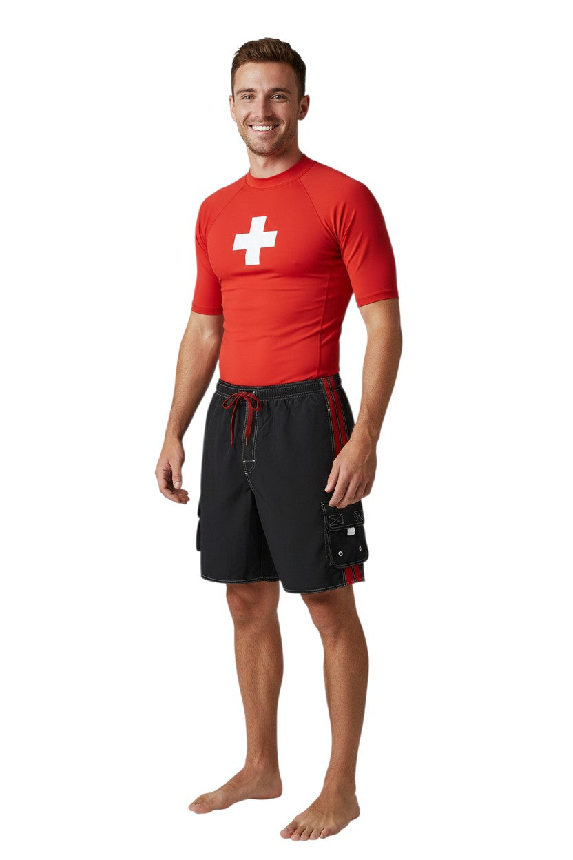 The Lifeguard Store YMCA Instructor black board shorts with red stripe detail, drawstring waist, and cargo pocket.