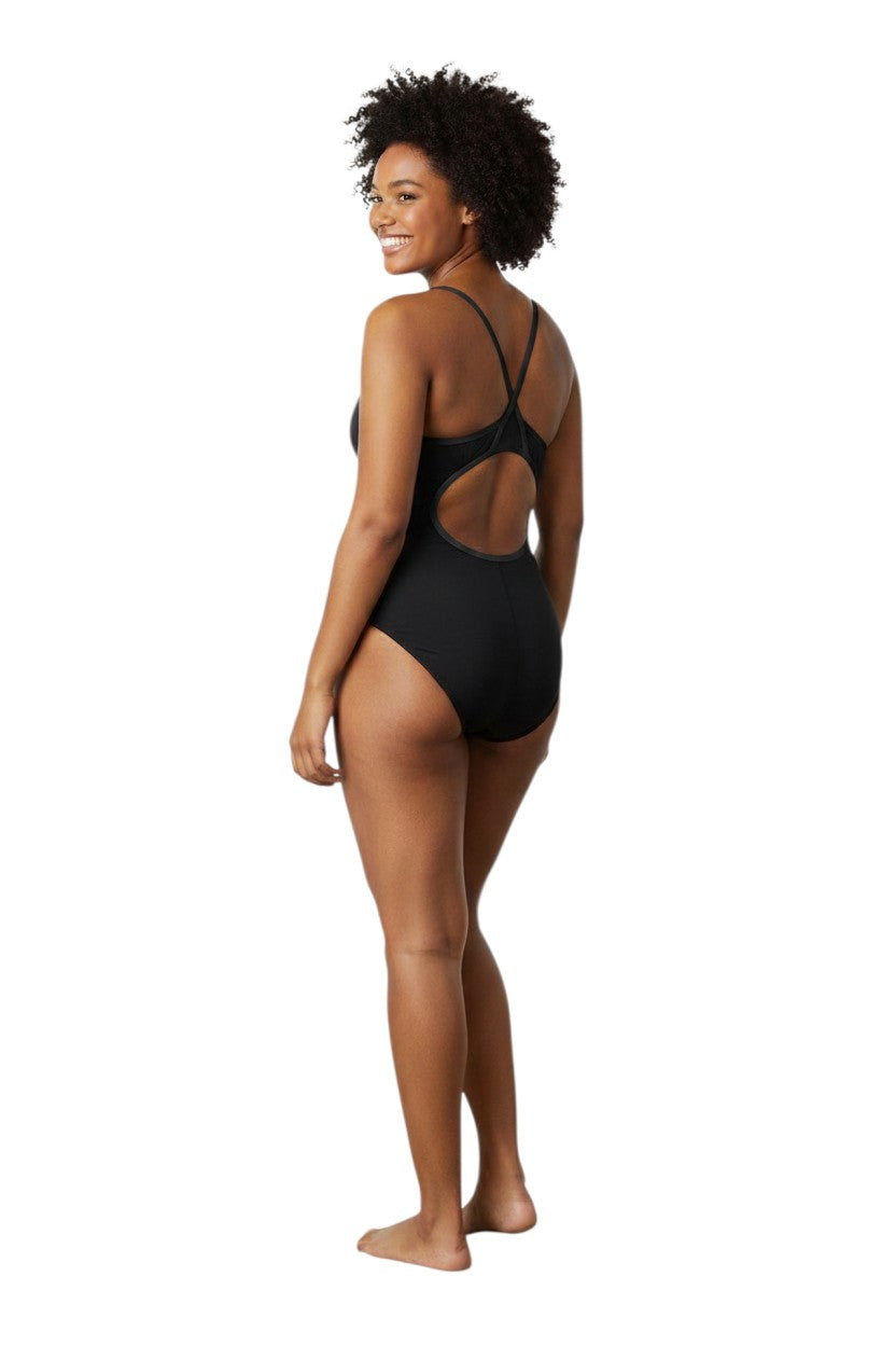 The Lifeguard Store YMCA Instructor black poly-spandex H-back one-piece swimsuit with white trim. UPF50+.