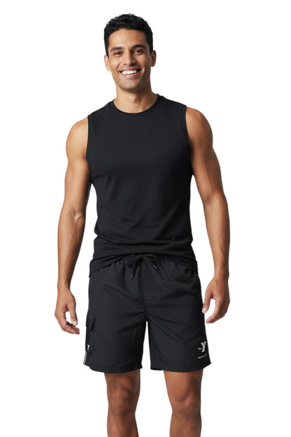 The Lifeguard Store black polyester YMCA Instructor board shorts with drawstring waist and velcro pocket.