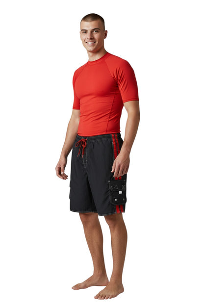 The Lifeguard Store YMCA Instructor black board shorts with red side stripes, drawstring waist, and cargo pocket.