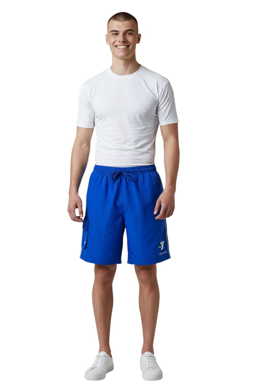 The Lifeguard Store blue YMCA Instructor board shorts with elastic waistband, drawstring, cargo pocket, and UPF 50+ protection.