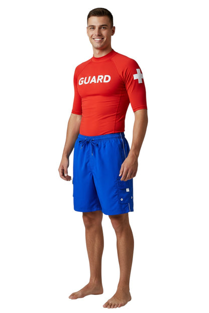 The Lifeguard Store blue sanded polyester YMCA Instructor boardshort with white piping, drawstring waist, and velcro pocket.