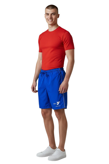 The Lifeguard Store blue YMCA Instructor board shorts with white piping and drawstring waist. 100% polyester.