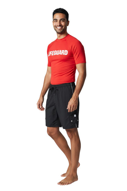The Lifeguard Store YMCA Instructor Boardshort in black sanded polyester with white piping and a cargo pocket.