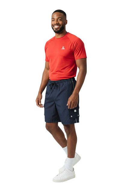 The Lifeguard Store YMCA Instructor Boardshort in navy blue polyester with white piping and a cargo pocket.