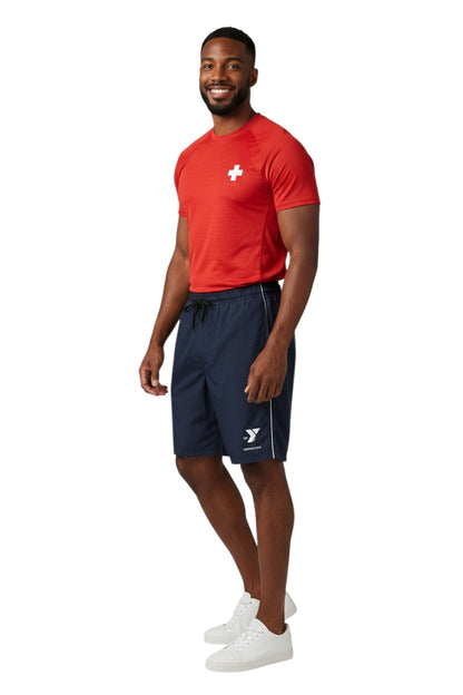 The Lifeguard Store YMCA Instructor Boardshort in navy blue polyester with white piping and logo. Features elastic waistband, drawstring, and velcro pocket.