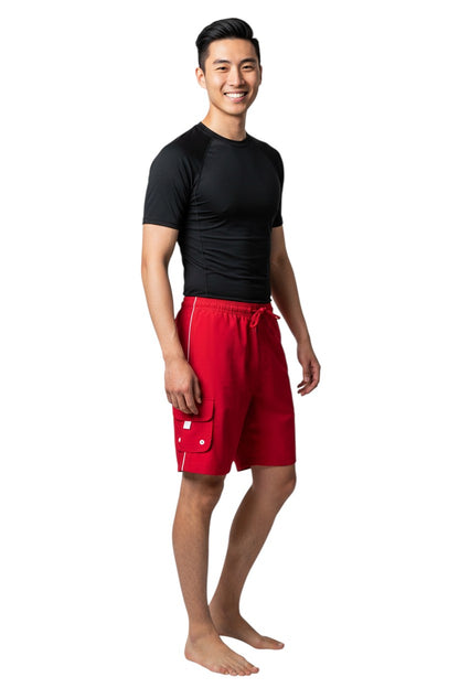 The Lifeguard Store YMCA Instructor Boardshort in red polyester with white trim, drawstring waist, and velcro pocket.