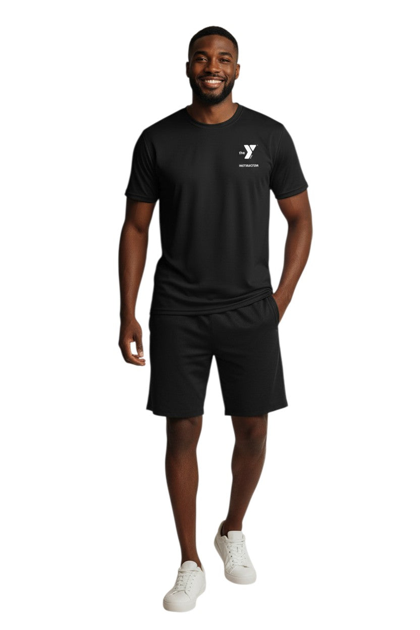The Lifeguard Store black 100% polyester Dri-Fit tee with YMCA Instructor logo on left chest and "INSTRUCTOR" on back.