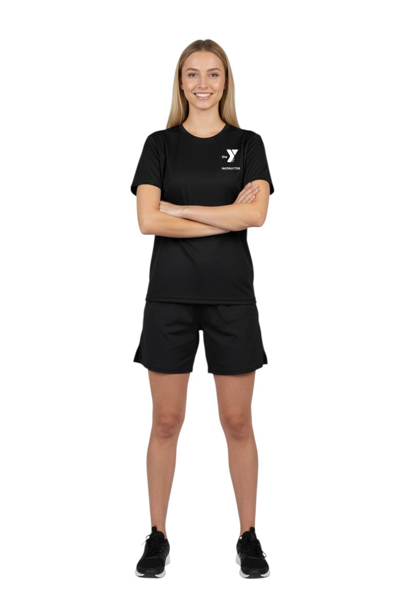 The Lifeguard Store black 100% polyester Dri-Fit tee with YMCA Instructor logo on left chest and "INSTRUCTOR" on upper back.
