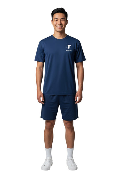 The Lifeguard Store blue 100% polyester Dri-Fit tee with YMCA Instructor logo on left chest and "INSTRUCTOR" on back.