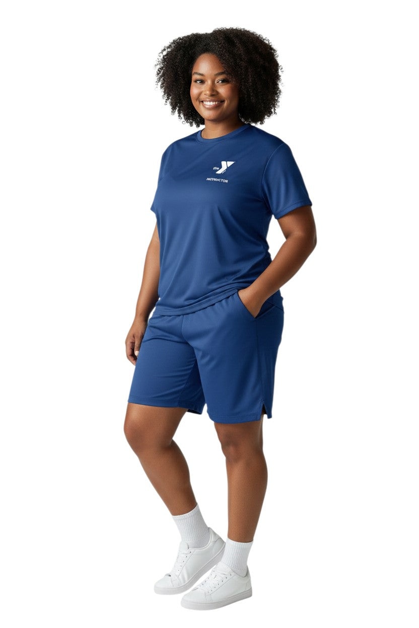The Lifeguard Store blue 100% polyester Dri-Fit tee with YMCA Instructor logo on left chest and "INSTRUCTOR" on back.