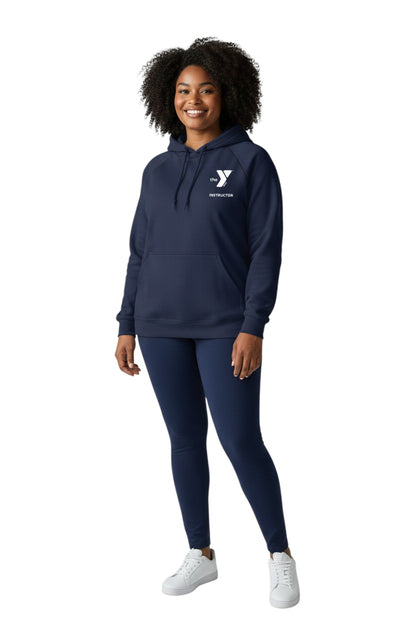 The Lifeguard Store navy blue YMCA Instructor hooded sweatshirt with pouch pocket and drawstring hood. 50% cotton/50% polyester.