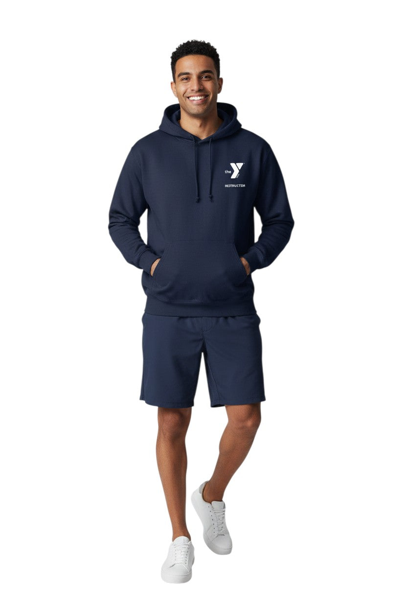 The Lifeguard Store navy blue YMCA Instructor hooded sweatshirt with pouch pocket and drawstring hood. 50% cotton/50% polyester.