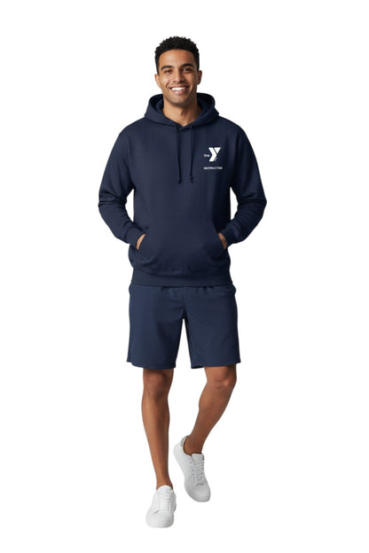 The Lifeguard Store navy blue YMCA Instructor hooded sweatshirt with pouch pocket and drawstring hood. 50% cotton/50% polyester.