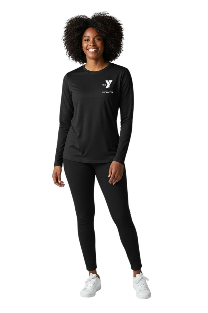 The Lifeguard Store black long sleeve rashguard with YMCA instructor logo. UPF50+ protection.