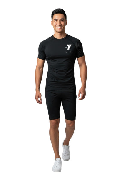 The Lifeguard Store YMCA Kiefer Instructor black short-sleeve rashguard with UPF50+ protection, made of polyester and spandex.
