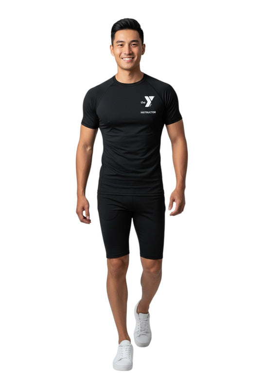The Lifeguard Store YMCA Kiefer Instructor black short-sleeve rashguard with UPF50+ protection, made of polyester and spandex.