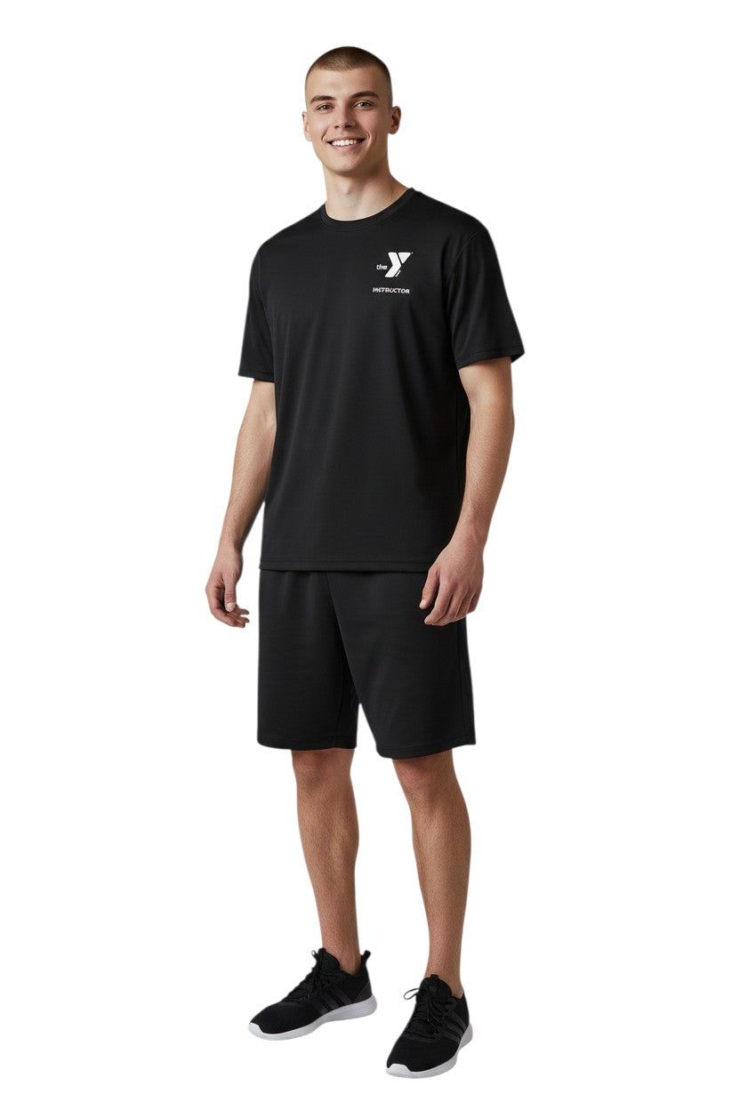The Lifeguard Store black short sleeve rashguard with YMCA Instructor logo. Made of 91% polyester/9% spandex.