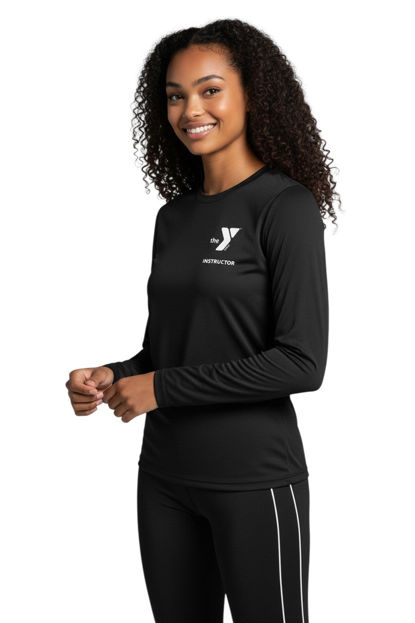 The Lifeguard Store YMCA Kiefer Instructor long sleeve crewneck rashguard in black, made of polyester and spandex with UPF50+ protection.