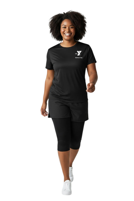 The Lifeguard Store black short sleeve rashguard with YMCA instructor logo. Made of polyester and spandex with UPF50+ protection.