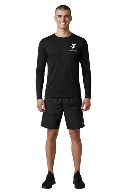The Lifeguard Store black long sleeve YMCA instructor rashguard with UPF50+ protection and quick-dry fabric.