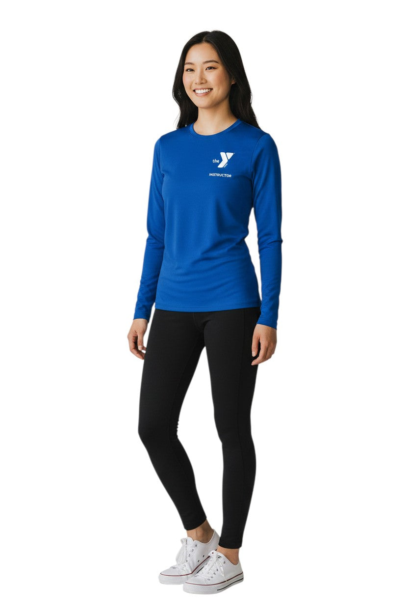 The Lifeguard Store blue long sleeve YMCA instructor rashguard with UPF50+ protection and quick-dry fabric.