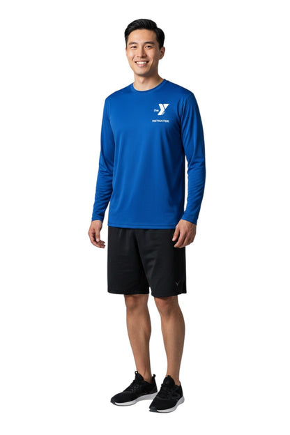 The Lifeguard Store blue long sleeve YMCA Instructor rashguard with UPF50+ protection. Made of 91% polyester/9% spandex.