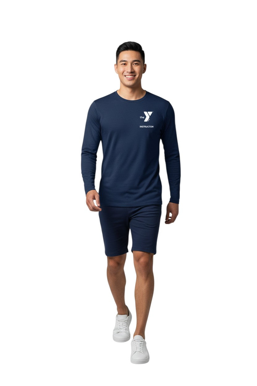 The Lifeguard Store YMCA Kiefer Instructor long sleeve crewneck rashguard in navy blue, made of polyester and spandex with UPF50+ protection.