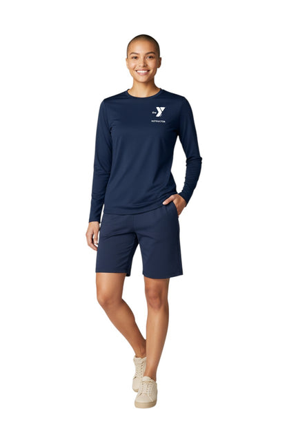 The Lifeguard Store YMCA Kiefer Instructor long sleeve crewneck rashguard in navy blue, made of polyester and spandex blend with UPF50+ protection.