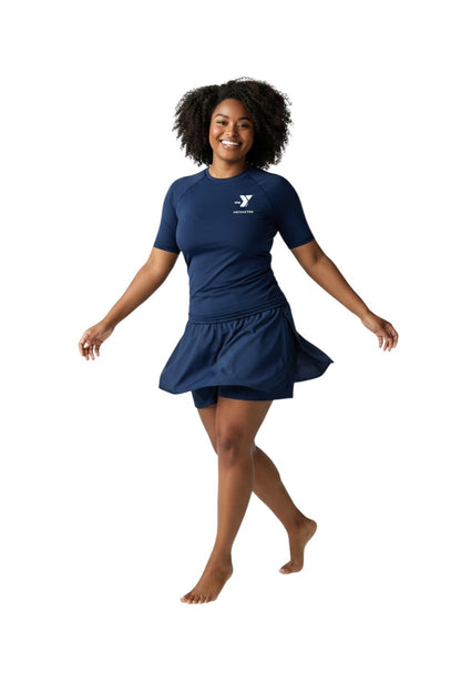 The Lifeguard Store YMCA Kiefer Instructor navy blue short-sleeve rashguard made of polyester and spandex with UPF50+ protection.
