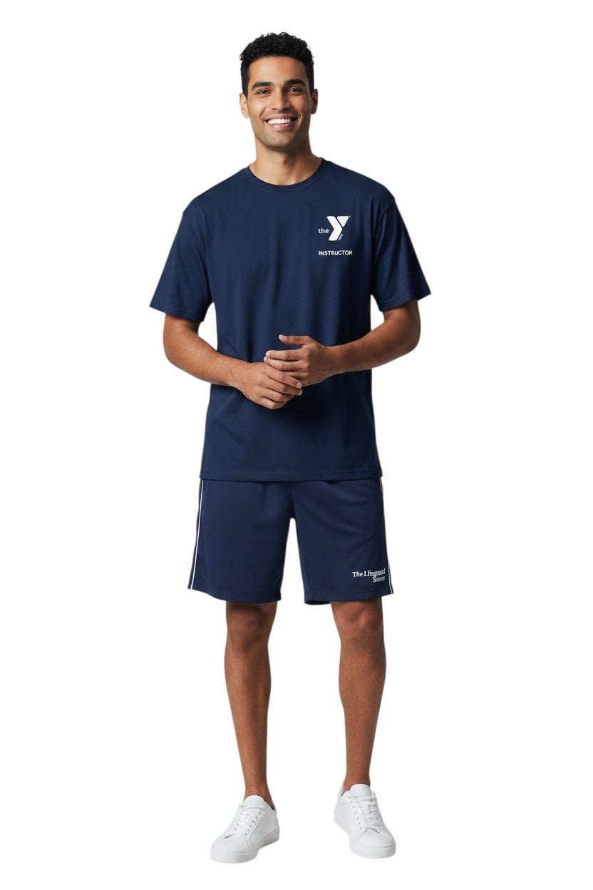The Lifeguard Store YMCA Instructor navy blue short sleeve rashguard made of polyester and spandex with UPF50+ protection.