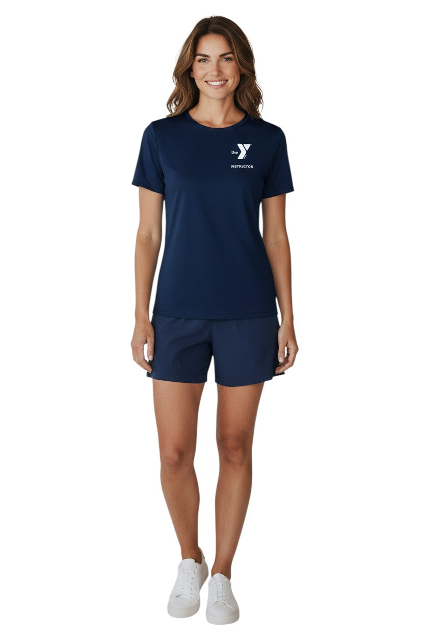 The Lifeguard Store YMCA Instructor navy blue short sleeve rashguard made of polyester and spandex with UPF50+ protection.