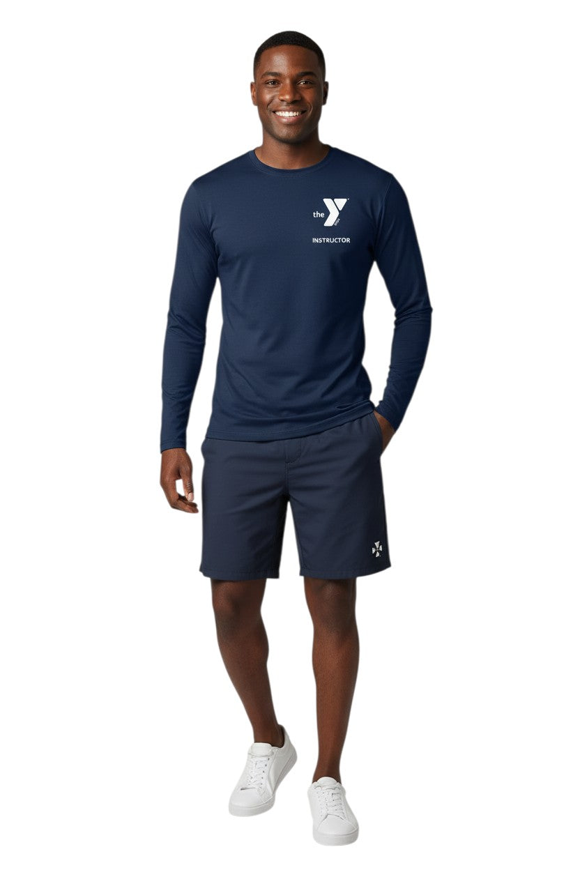 The Lifeguard Store navy blue long sleeve rashguard with YMCA instructor logo on chest. UPF50+ protection.