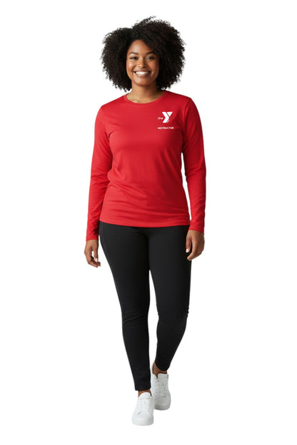 The Lifeguard Store red long sleeve rashguard with YMCA instructor logo. UPF50+ protection, quick-dry poly-spandex.