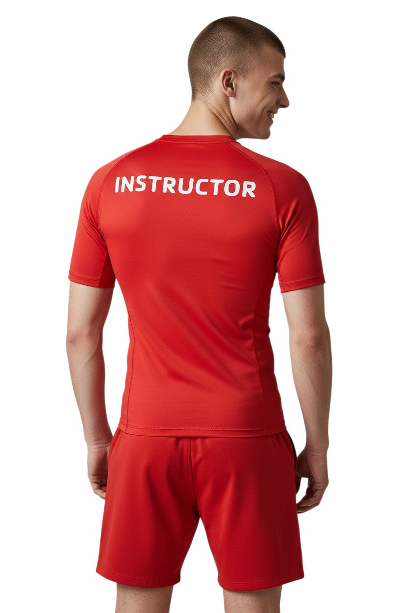 The Lifeguard Store YMCA Kiefer Instructor red short-sleeve rashguard made of poly-spandex with UPF50+ protection.