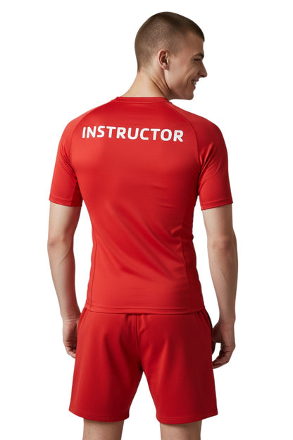 The Lifeguard Store YMCA Kiefer Instructor red short-sleeve rashguard made of poly-spandex with UPF50+ protection.