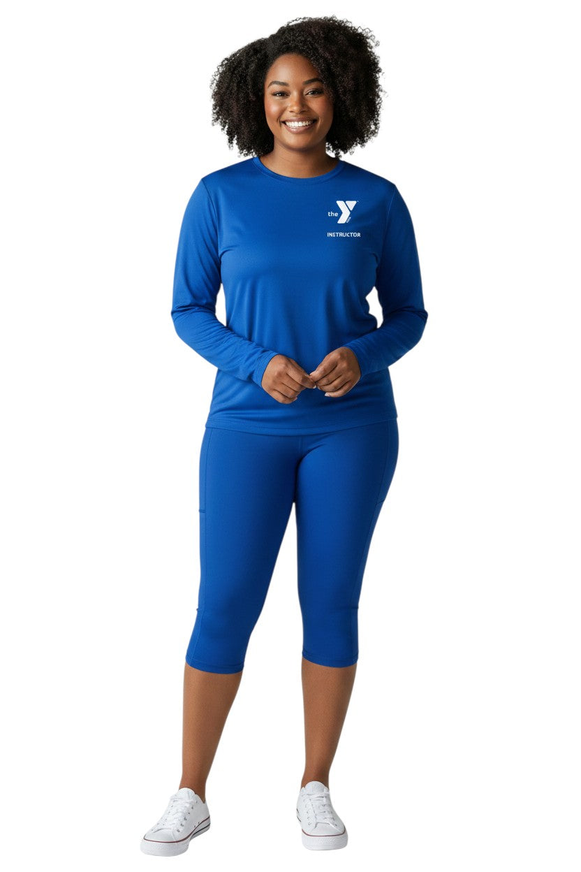 The Lifeguard Store YMCA Kiefer Instructor long sleeve crewneck rashguard in royal blue polyester-spandex blend with UPF50+ protection.