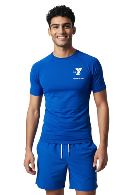 The Lifeguard Store YMCA Kiefer Instructor royal blue short sleeve rashguard made of poly-spandex blend with UPF50+ protection.
