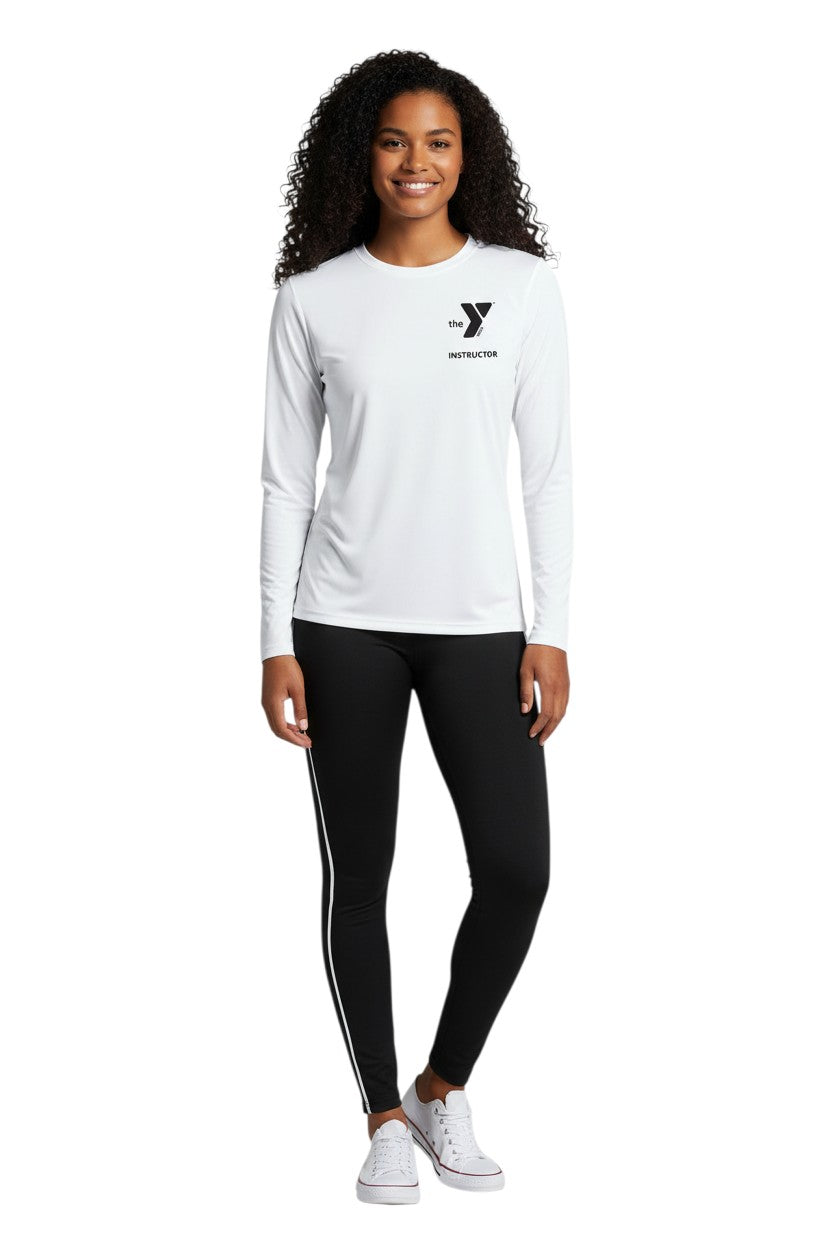 The Lifeguard Store YMCA Kiefer Instructor long sleeve crewneck rashguard in white, made of polyester and spandex with UPF50+ protection.