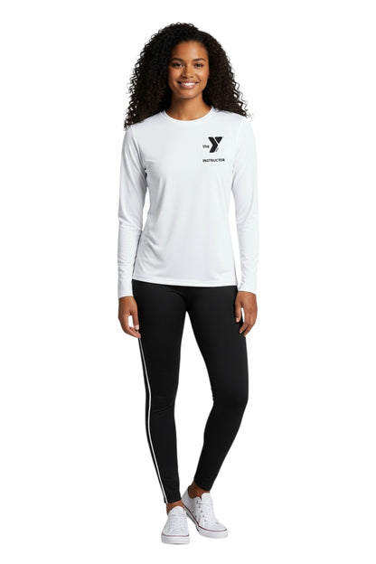 The Lifeguard Store YMCA Kiefer Instructor long sleeve crewneck rashguard in white, made of polyester and spandex with UPF50+ protection.