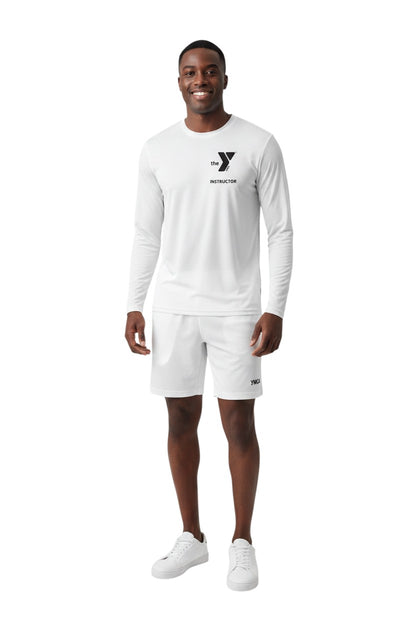 The Lifeguard Store YMCA Kiefer Instructor long sleeve crewneck rashguard in white, made of polyester and spandex with UPF50+ protection.