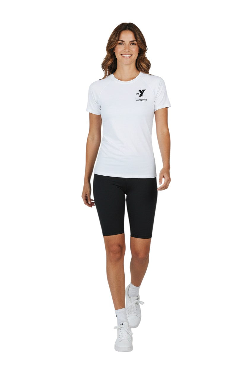 The Lifeguard Store YMCA Kiefer Instructor short sleeve rashguard in white polyester-spandex blend with UPF50+ protection.