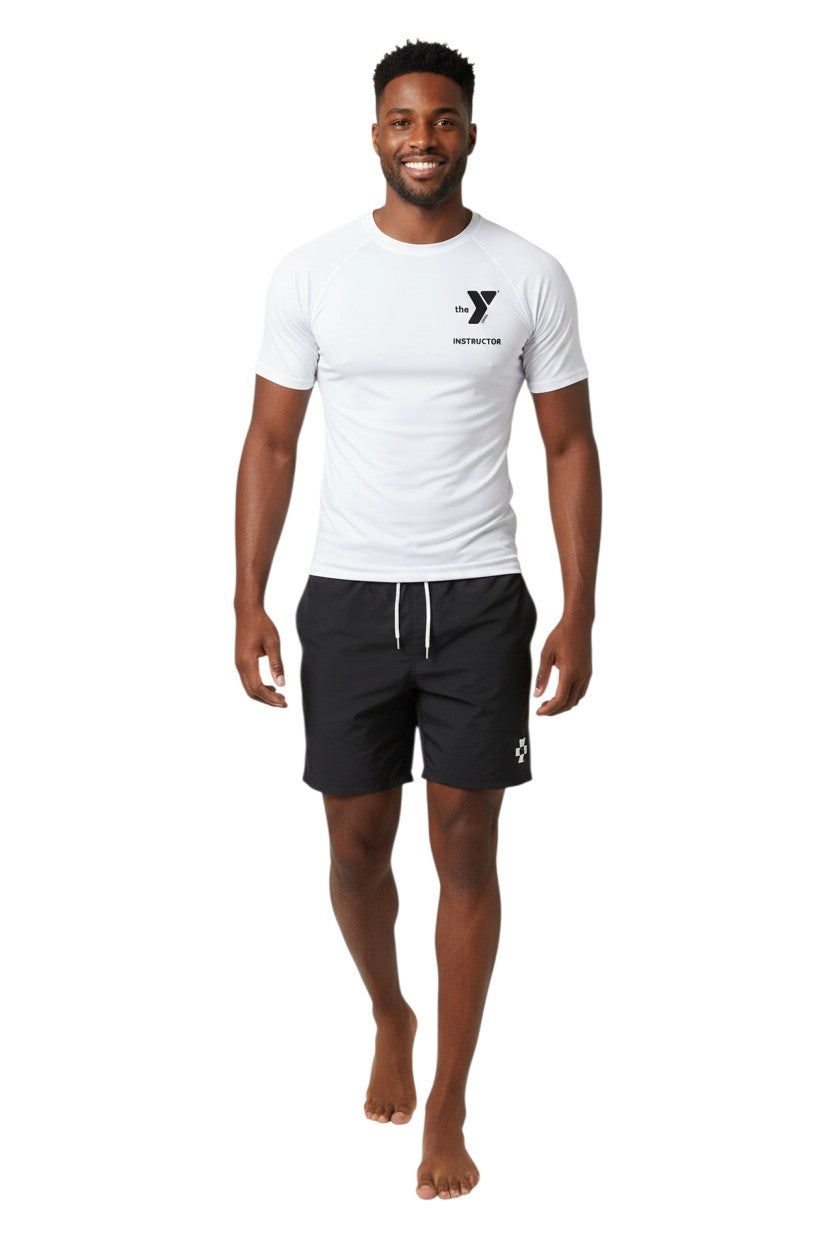 The Lifeguard Store YMCA Kiefer Instructor short-sleeve rashguard, white polyester-spandex blend with UPF50+ protection.