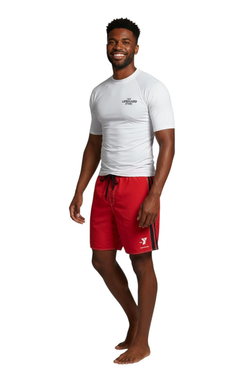 The Lifeguard Store YMCA Instructor red board shorts with black side stripe, drawstring waist, and white contrast stitching.