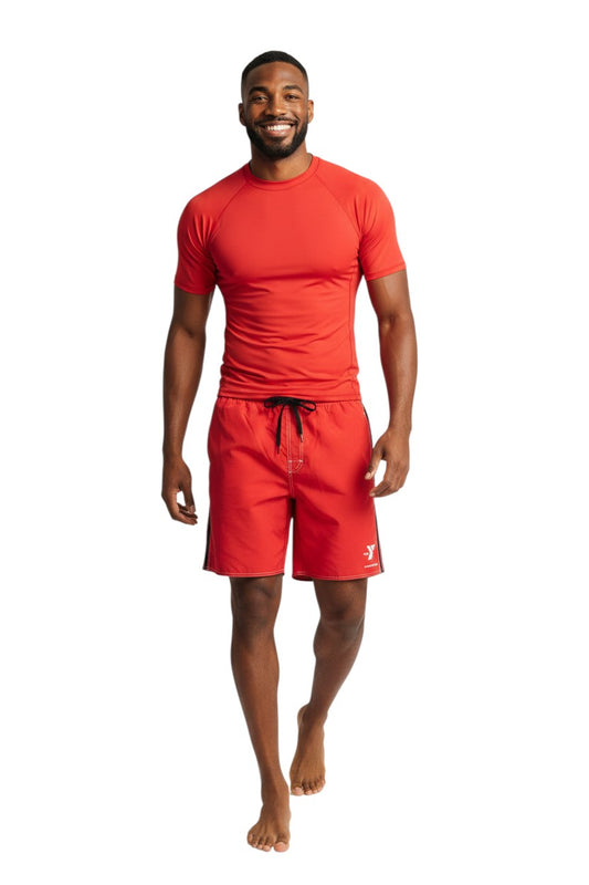 The Lifeguard Store YMCA Instructor red board shorts with black side stripe and white contrast stitching. Elastic waistband with drawstring.