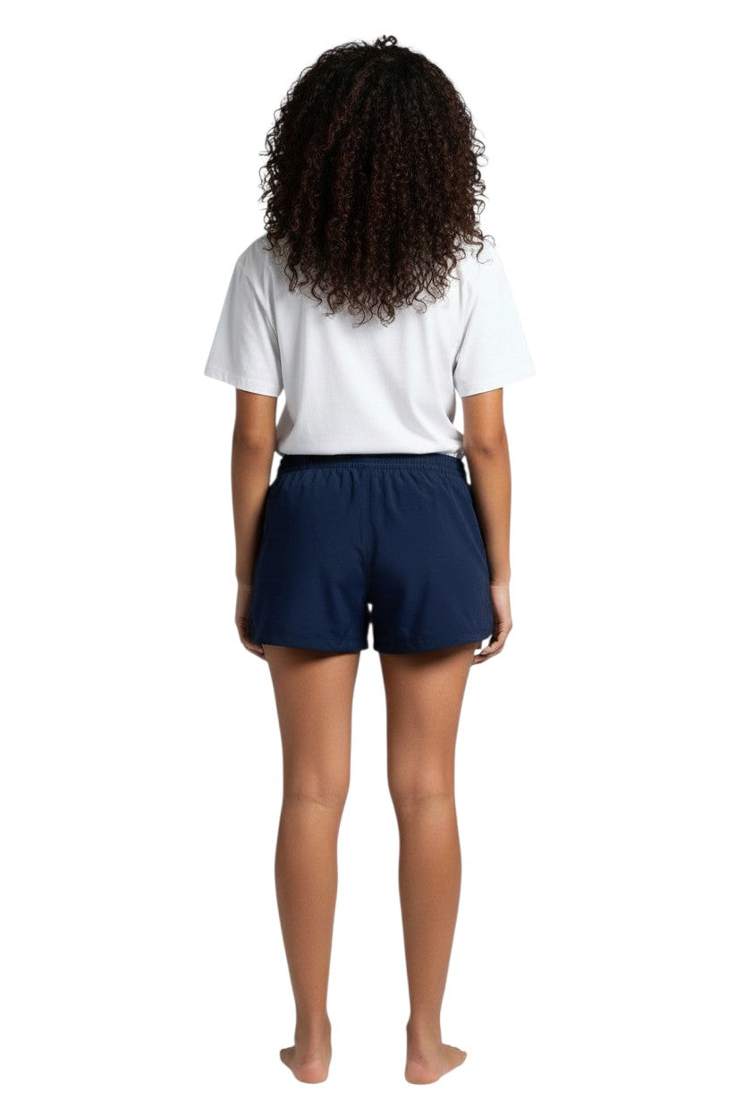 The Lifeguard Store YMCA Instructor Roll navy blue polyester shorts with drawstring and logo detail.