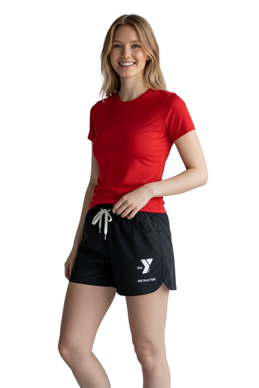 The Lifeguard Store black polyester YMCA Instructor roll shorts with drawstring and pockets. Quick-dry, UPF30+ fabric.